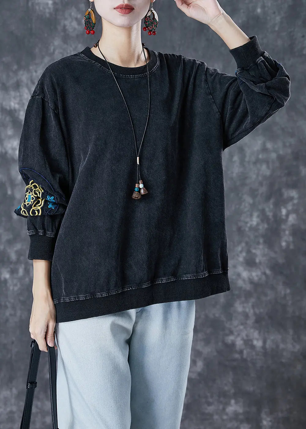 Black Oversized Cotton Pullover Sweatshirt Embroidered Fall Ada Fashion
