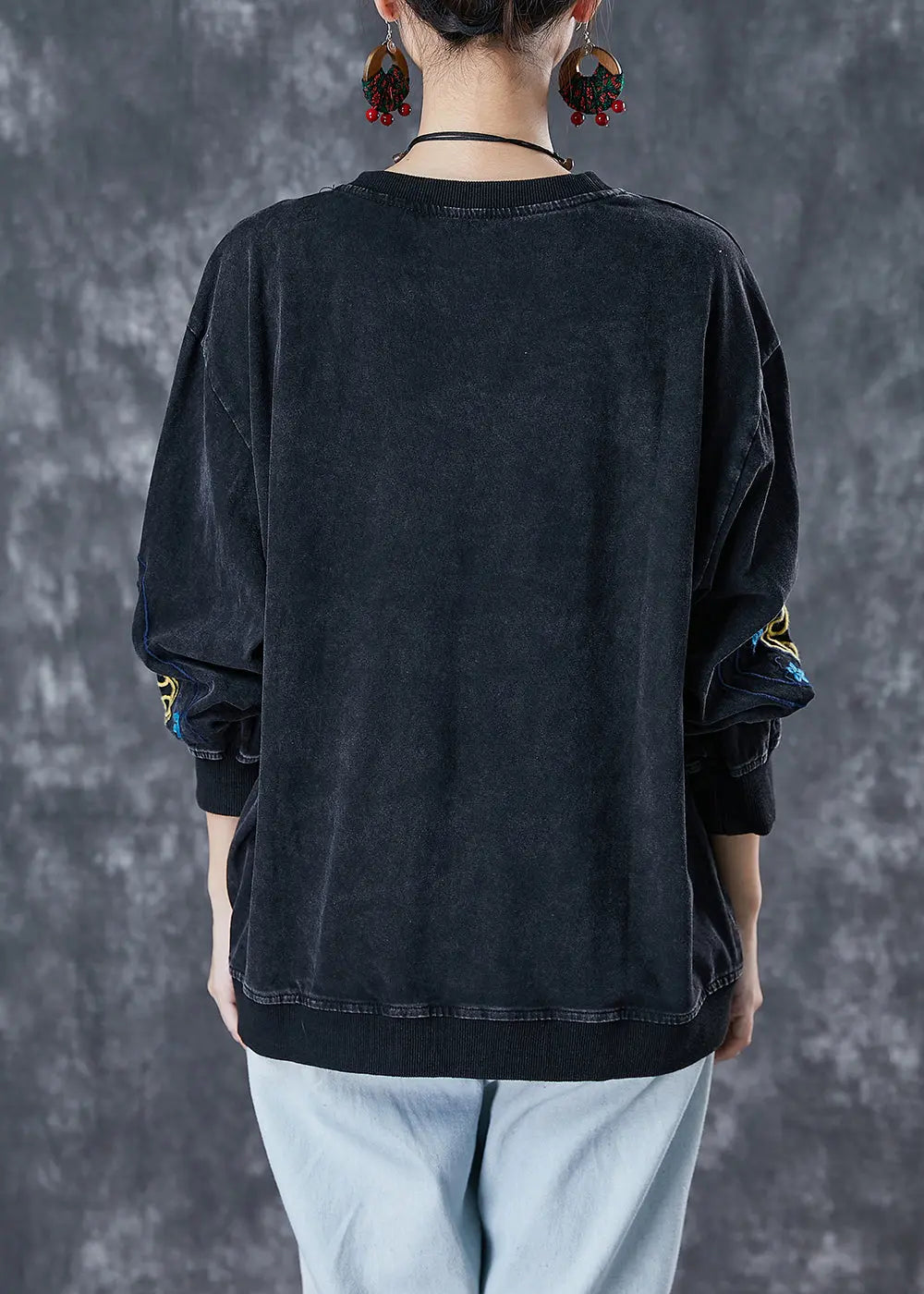 Black Oversized Cotton Pullover Sweatshirt Embroidered Fall Ada Fashion