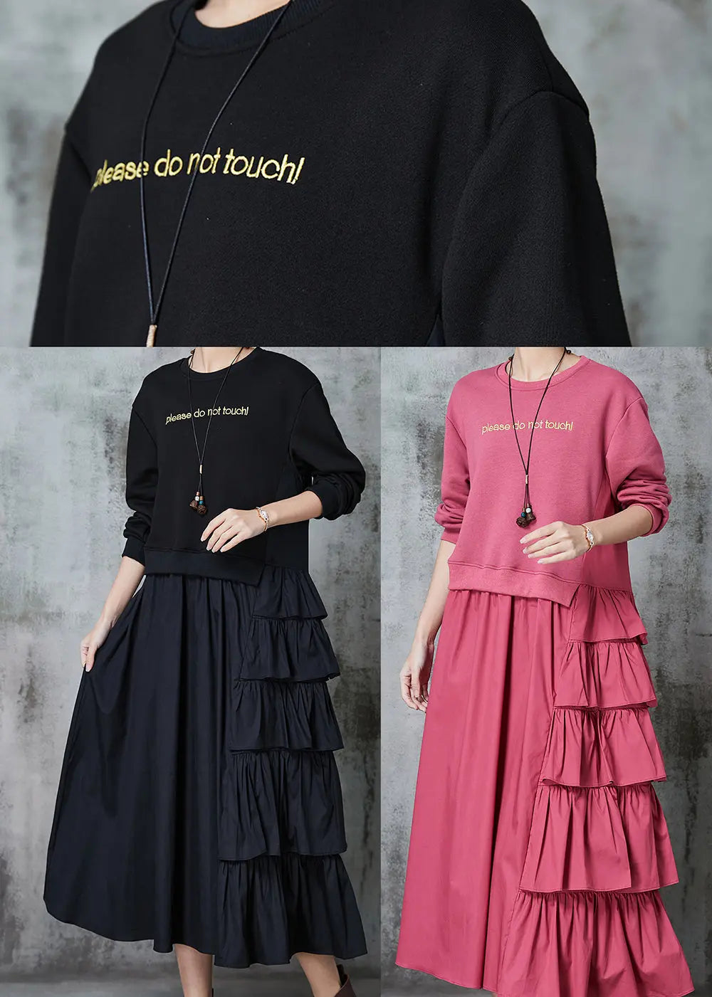 Black Patchwork Cotton Sweatshirt Dress Layered Ruffled Spring Ada Fashion