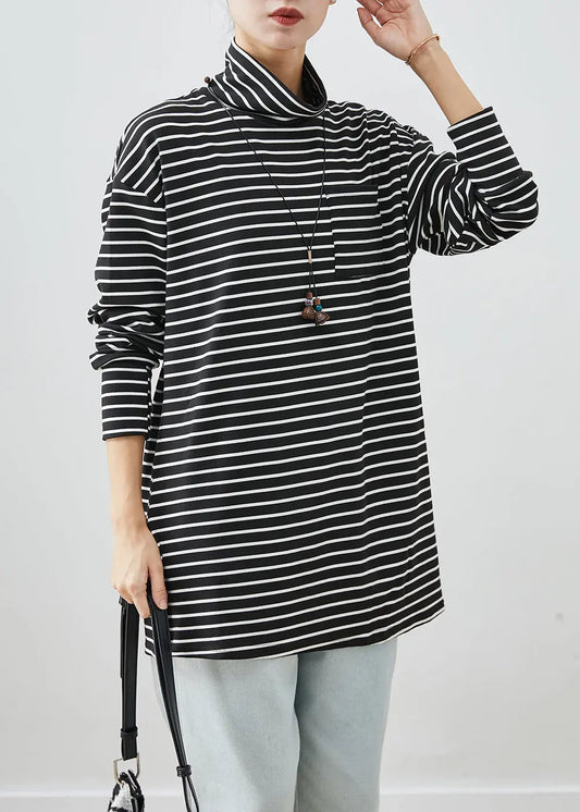Black Striped Cotton Shirt Turtle Neck Pocket Fall Ada Fashion
