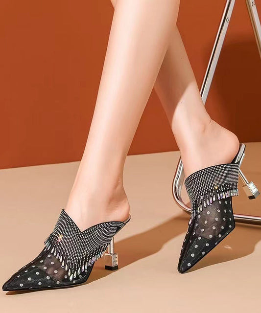 Black Tulle Zircon Tassel Slide Sandals Fashion Pointed Toe CZ1052