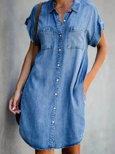 Blue Shirt Collar Plain Short Sleeve Denim Dresses AD254 adawholesale