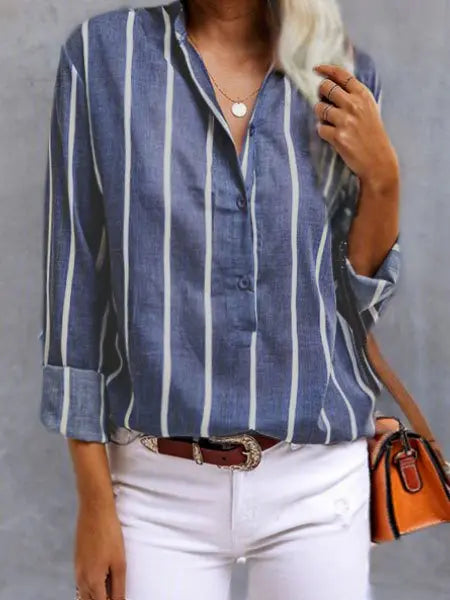 Blue V Neck Cotton-Blend Casual Shirts & Tops AD457 adawholesale