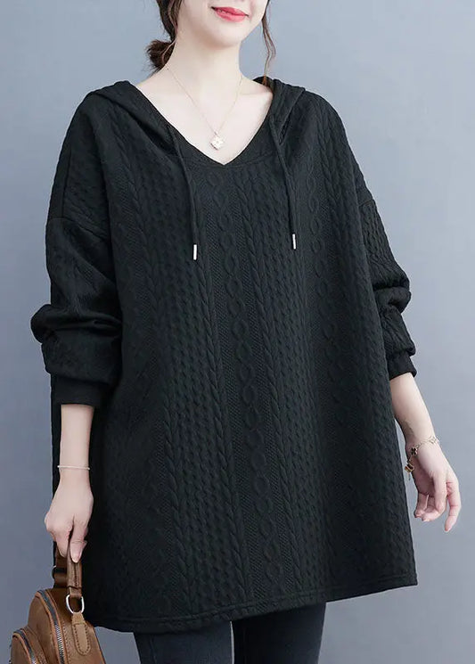 Bohemian Black Drawstring Hooded Sweatshirt Long Sleeve Ada Fashion