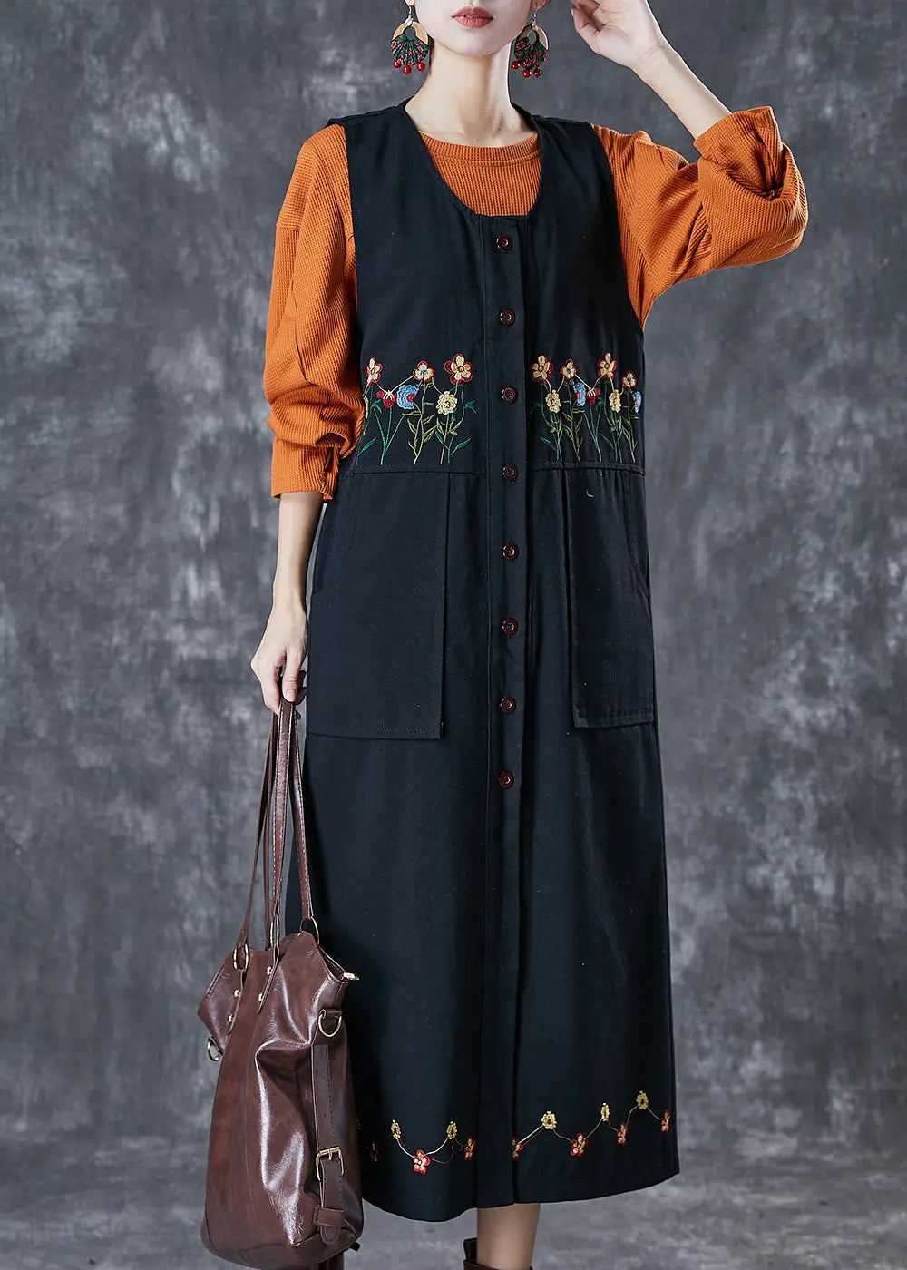 Bohemian Black Embroidered Pockets Cotton Two Pieces Set Spring Ada Fashion
