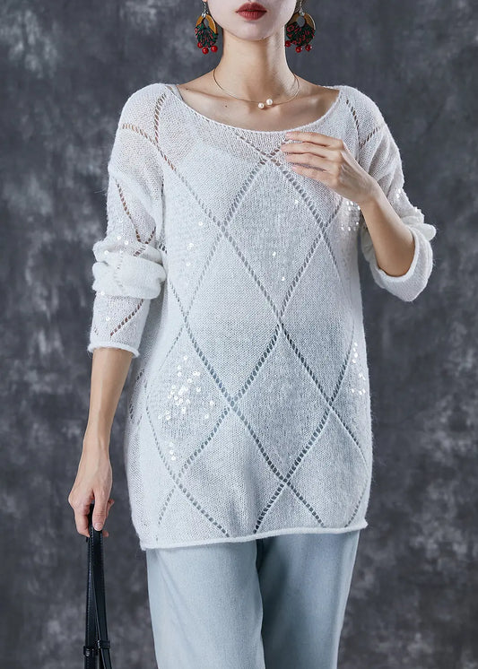 Bohemian White Sequins Hollow Out Knit Sweater Fall Ada Fashion