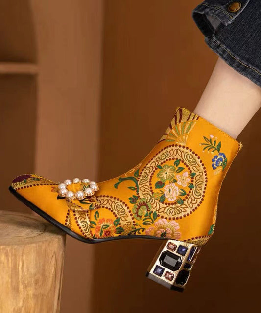 Bohemian Yellow Embroidery Nail Bead Zircon Chunky Heel Boots CZ1012