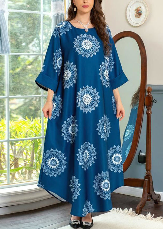 Boho Blue O Neck Print Cotton Maxi Dresses Summer AA1050