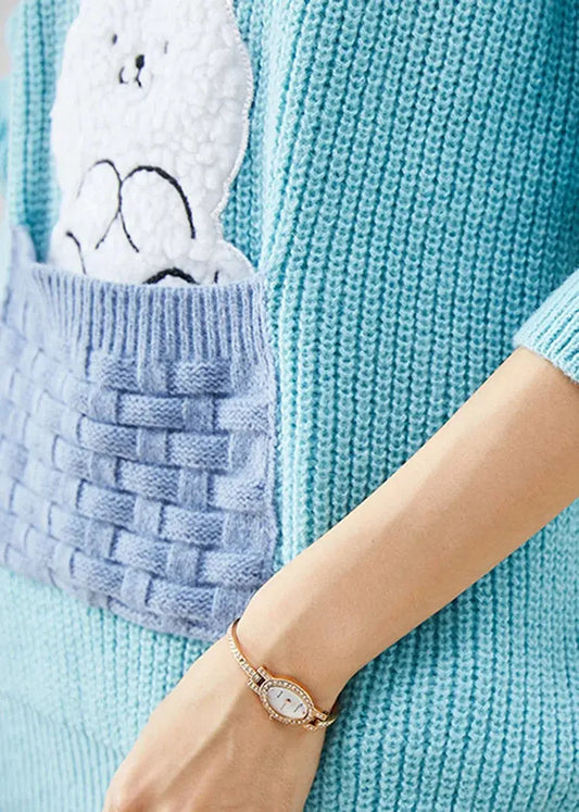 Boho Sky Blue Thick Patchwork Rabbit Knitted Tops Winter Ada Fashion