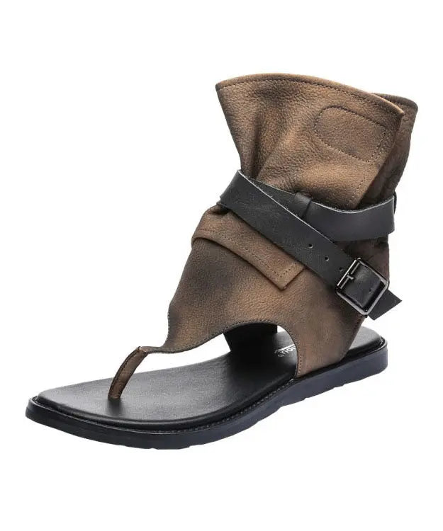 Brown Thong Sandals Boots Cowhide Leather Vintage Splicing Buckle Strap Ada Fashion