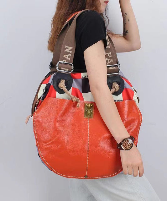Casual High-Capacity Cowhide Patchwork Canvas Satchel Bag Handbag Ada Fashion