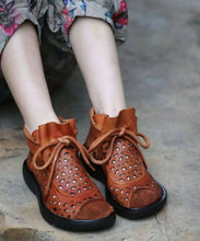 Load image into Gallery viewer, Casual Hollow Out Lace Up Splicing Boots Brown Cowhide Leather Ada Fashion
