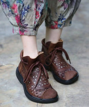 Load image into Gallery viewer, Casual Hollow Out Lace Up Splicing Boots Brown Cowhide Leather Ada Fashion
