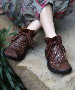 Casual Hollow Out Lace Up Splicing Boots Brown Cowhide Leather Ada Fashion