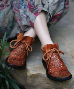 Casual Hollow Out Lace Up Splicing Boots Brown Cowhide Leather Ada Fashion
