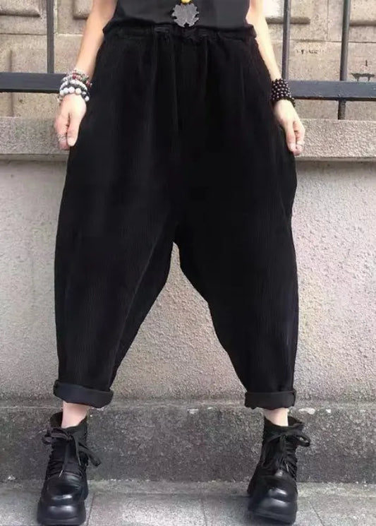 Casual Versatile Black Pockets Elastic Waist Corduroy Pants Fall Ada Fashion