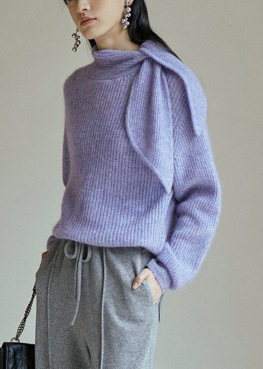 Purple Lace Up Patchwork Knit Sweaters