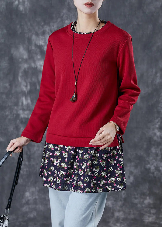 Chic Red Print Patchwork Warm Fleece Blouses Winter Ada Fashion