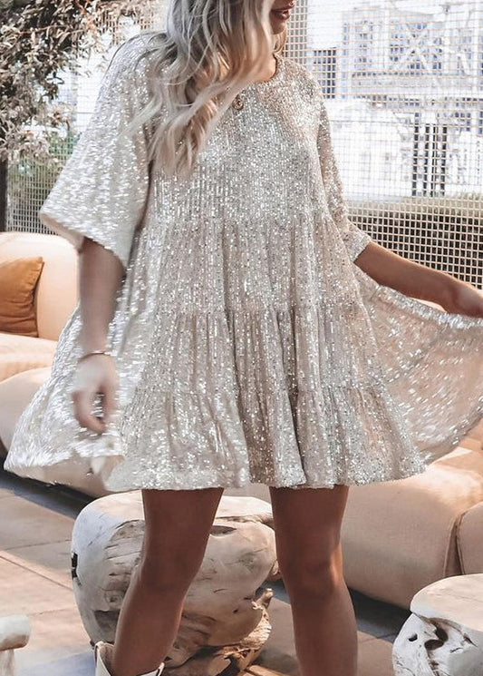 Chic Silver O Neck Sequins Cotton Mid Dress Summer AA1043