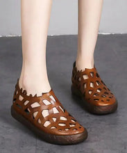 Load image into Gallery viewer, Chic Splicing Hollow Out Flat Sandals Brown Cowhide Leather Ada Fashion
