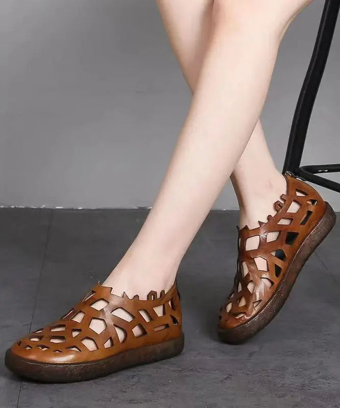 Chic Splicing Hollow Out Flat Sandals Brown Cowhide Leather Ada Fashion