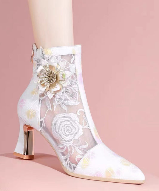 Chinese Style Embroidered Mesh Patchwork Chunky Heel Boots CZ1029