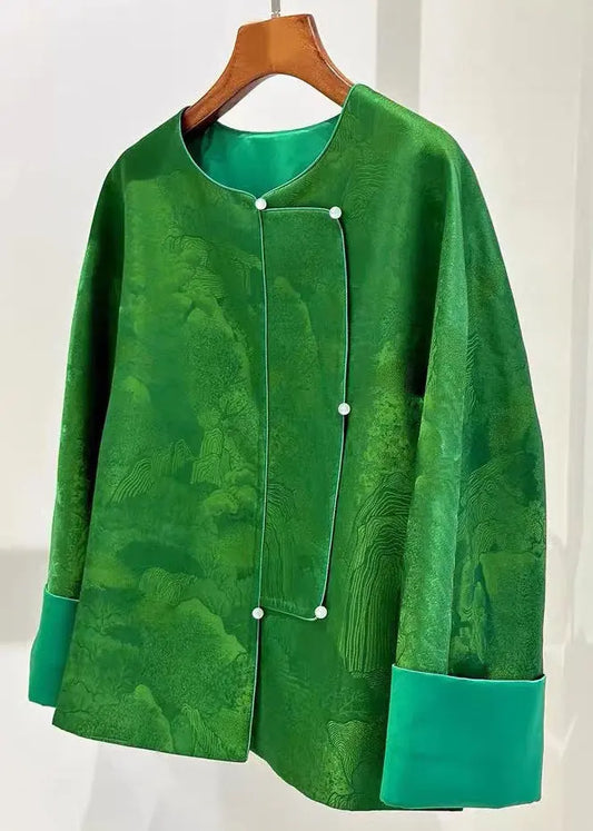 Chinese Style Green O Neck Button Silk Coats Long Sleeve Ada Fashion