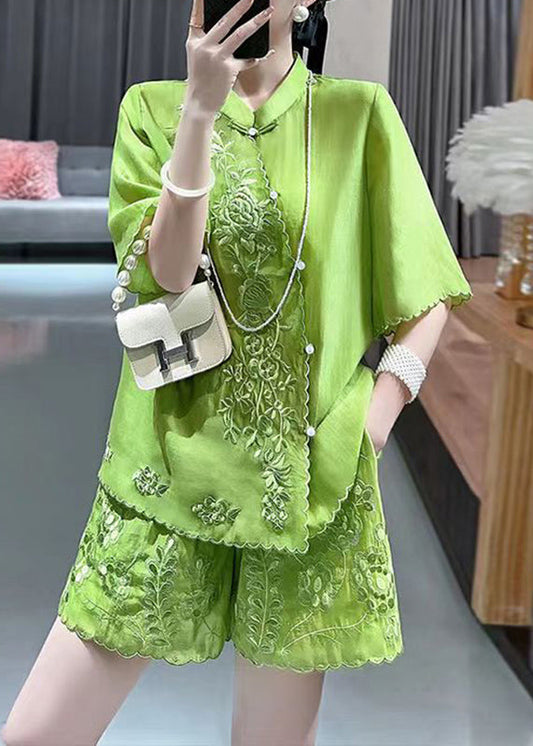 Chinese Style Green Stand Collar Embroidered Floral Shirts And Shorts Two Piece Set Short Sleeve VB1091