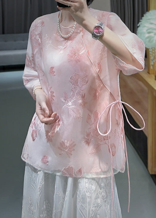 Chinese Style Pink Embroidered Lace Up Tulle Blouses Spring Ada Fashion