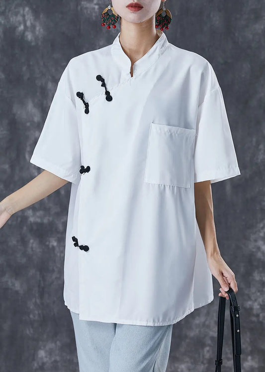 Chinese Style White Oversized Cotton Shirt Top Short Sleeve Ada Fashion