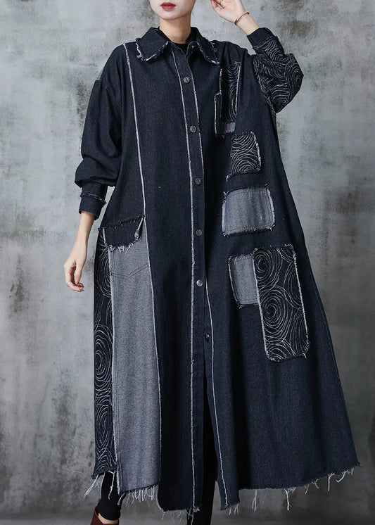 Classy Black Oversized Patchwork Applique Denim Coat Spring Ada Fashion