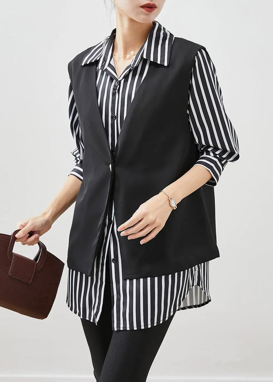 Classy Black Oversized Striped Cotton Vest And Shirt Two Piece Set Fall Ada Fashion
