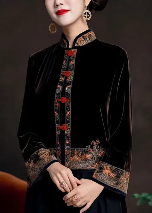 Classy Black Stand Collar Embroidered Silk Velour Coats Fall Ada Fashion