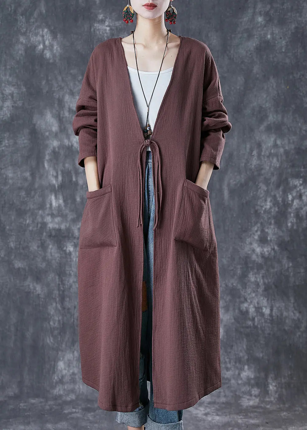 Classy Chocolate Oversized Chinese Button Linen Long Cardigan Spring Ada Fashion