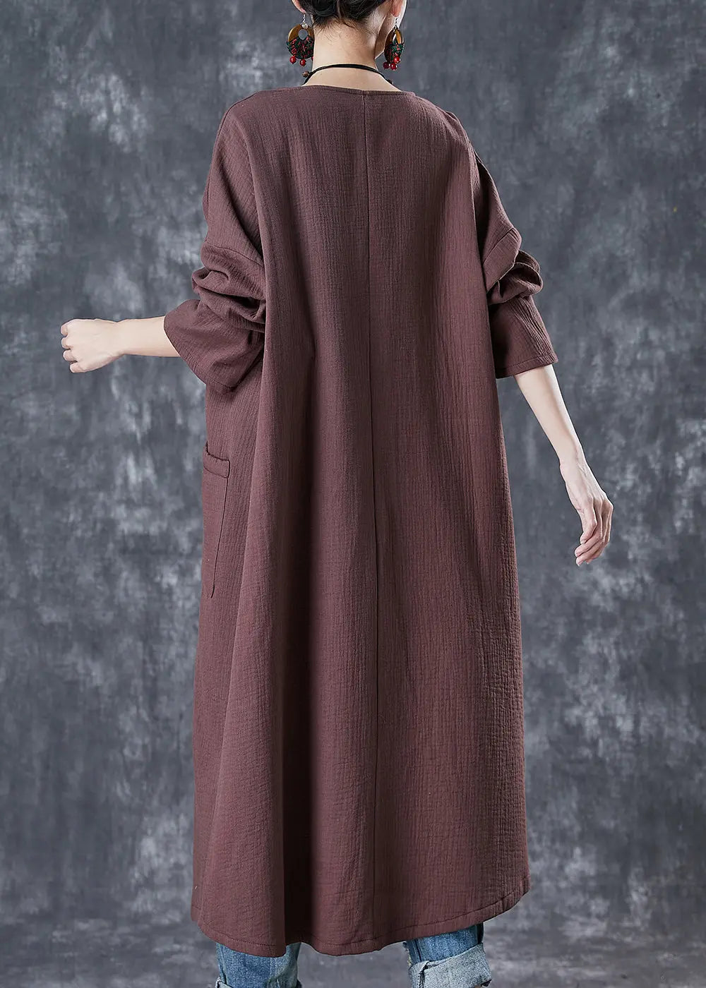 Classy Chocolate Oversized Chinese Button Linen Long Cardigan Spring Ada Fashion