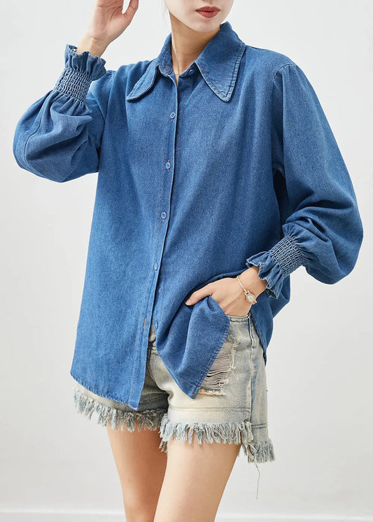 Classy Denim Blue Oversized Cotton Shirt Lantern Sleeve Ada Fashion