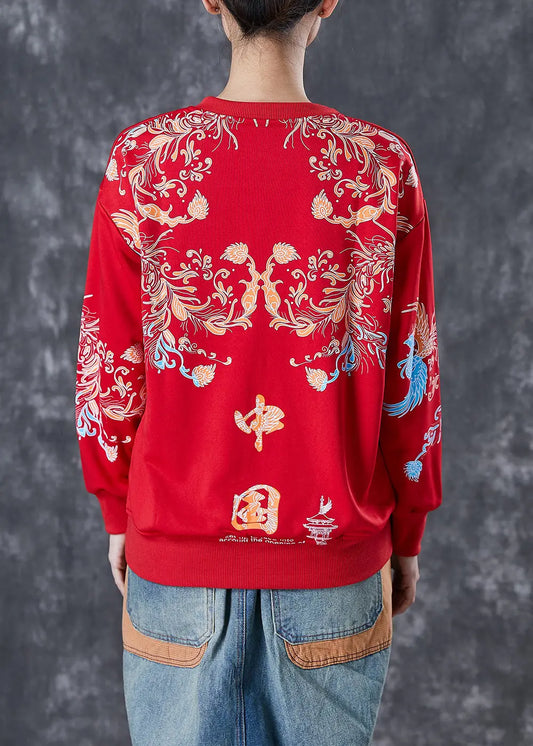 Classy Red Oversized Chinese Print Cotton Sweatshirt Fall Ada Fashion