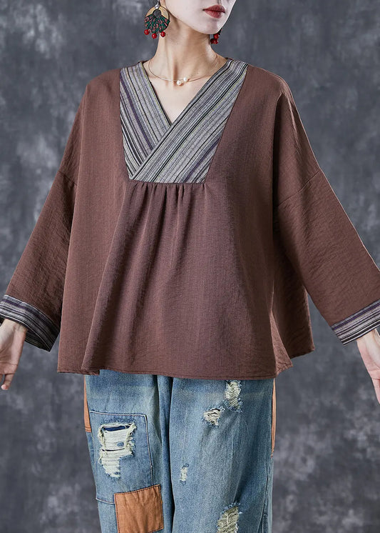 Coffee Patchwork Cotton Blouse Top V Neck Fall Ada Fashion