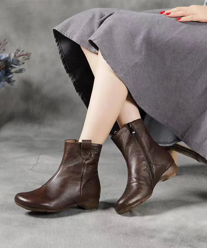 Coffee Zippered Splicing Comfortable Cowhide Leather Wedge Boots Ada Fashion