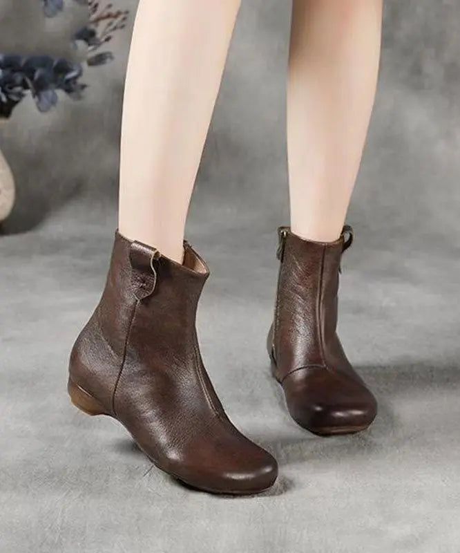 Coffee Zippered Splicing Comfortable Cowhide Leather Wedge Boots Ada Fashion