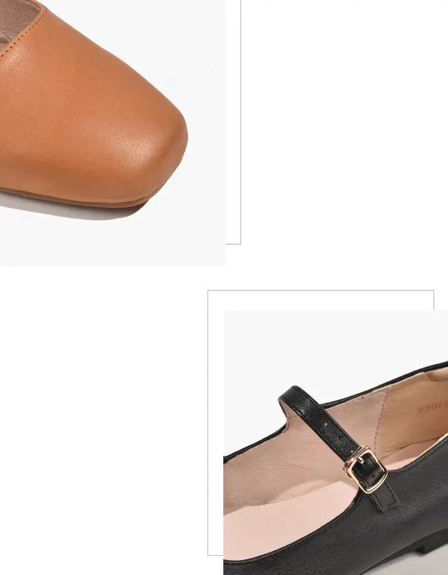 Comfortable Soft Leather Square Toe Strap Flats 34-41 Ada Fashion