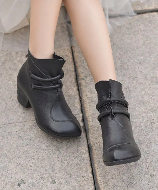 Comfortable Splicing Chunky Boots Black Sheepskin Pointed Toe Ada Fashion