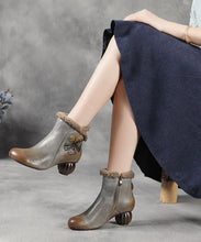 Load image into Gallery viewer, Comfortable Splicing Chunky Boots Grey Cowhide Leather Fuzzy Wool Lined Ada Fashion
