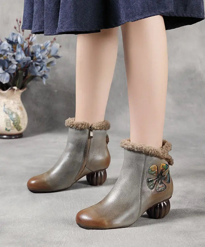 Comfortable Splicing Chunky Boots Grey Cowhide Leather Fuzzy Wool Lined Ada Fashion