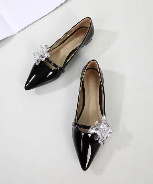 Comfy Black Pointed Toe Zircon Splicing Flat Shoes For Women CZ1021