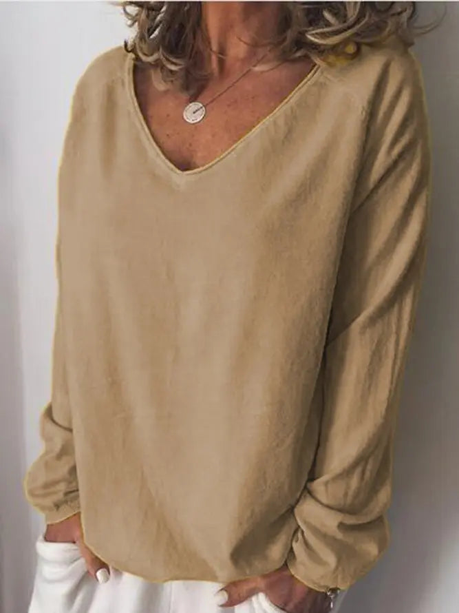 Cotton-Blend Long Sleeve V Neck Shirts & Tops adawholesale