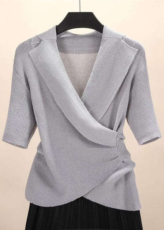 Cozy Grey Asymmetrical Solid Knit Top Short Sleeve Ada Fashion