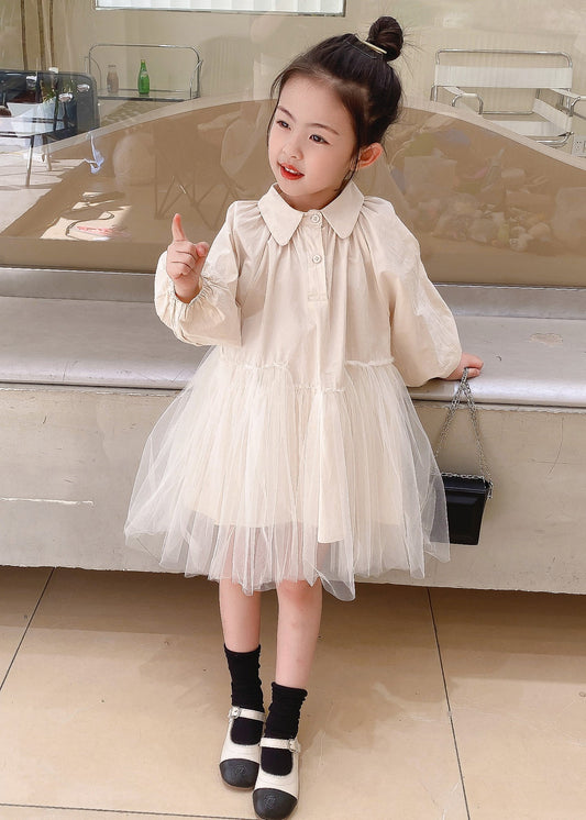 Cute Beige Peter Pan Collar Tulle Patchwork Cotton Girls Dresses Fall Ada Fashion