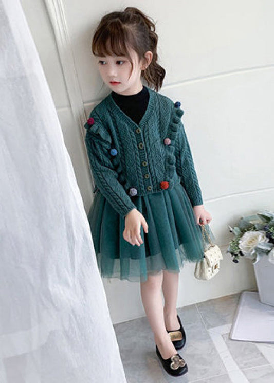 Cute Green O Neck Tulle Patchwork Knit Girls Two Pieces Set Fall Ada Fashion