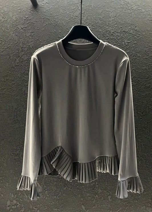 DIY Grey Asymmetrical Patchwork Wrinkled Cotton Sweatshirts Top Spring Ada Fashion
